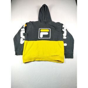 FILA Hoodie‎ Mens Medium Yellow Black Spell Out Colorblock Athletic Vintage